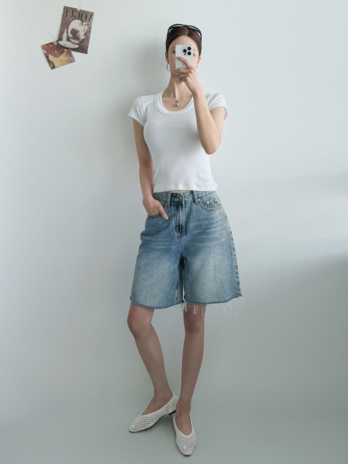 Double Neck T-shirt (Double Neck U-Neck Short Sleeve T-shirt Slim Fit Stretchy Ribbed Cropped Top) - 이미지 6