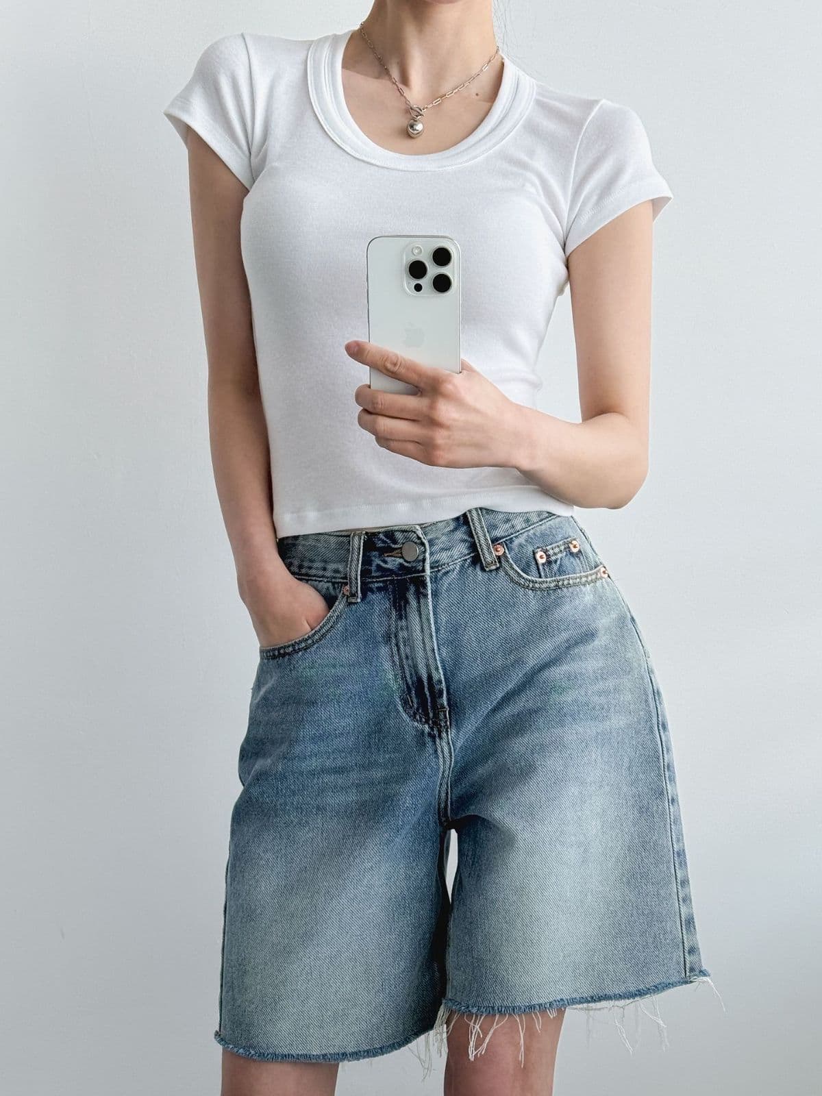 Double Neck T-shirt (Double Neck U-Neck Short Sleeve T-shirt Slim Fit Stretchy Ribbed Cropped Top) - 이미지 9