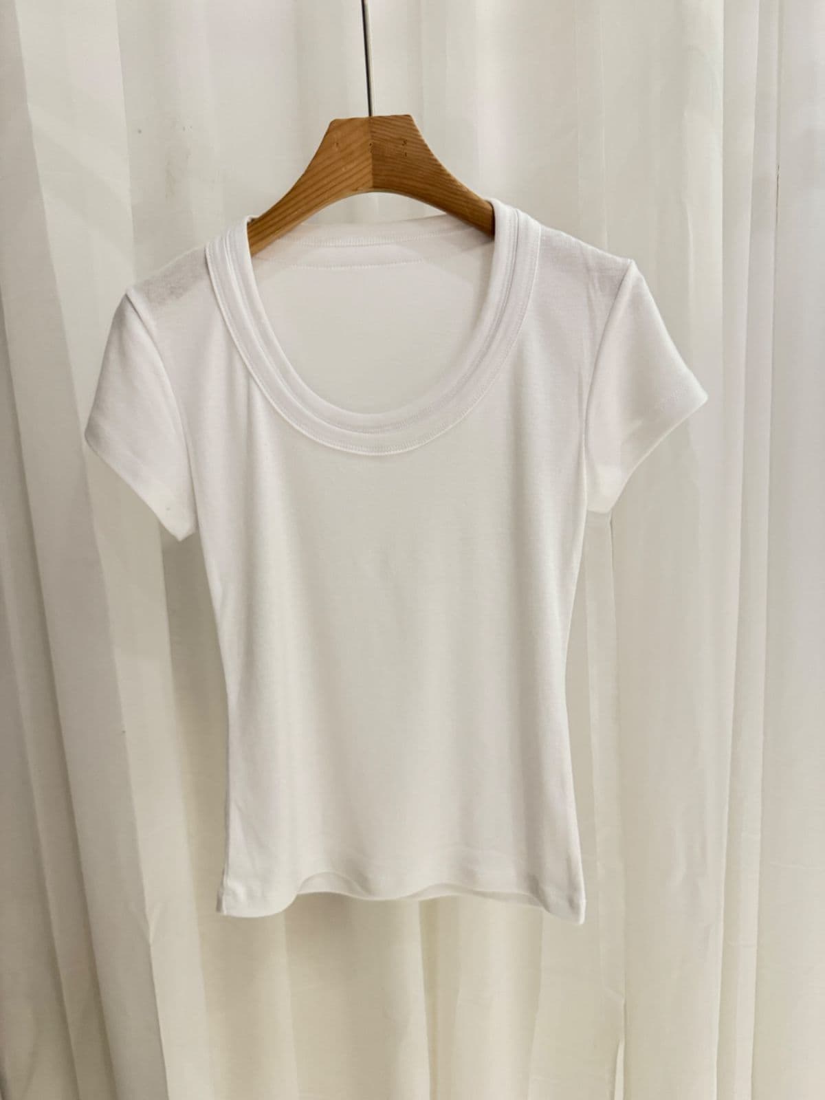 Double Neck T-shirt (Double Neck U-Neck Short Sleeve T-shirt Slim Fit Stretchy Ribbed Cropped Top) - 이미지 14