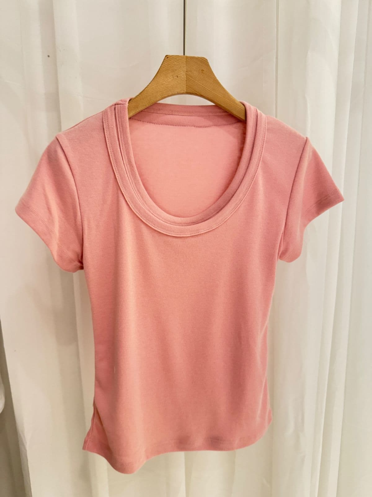 Double Neck T-shirt (Double Neck U-Neck Short Sleeve T-shirt Slim Fit Stretchy Ribbed Cropped Top) - 이미지 16