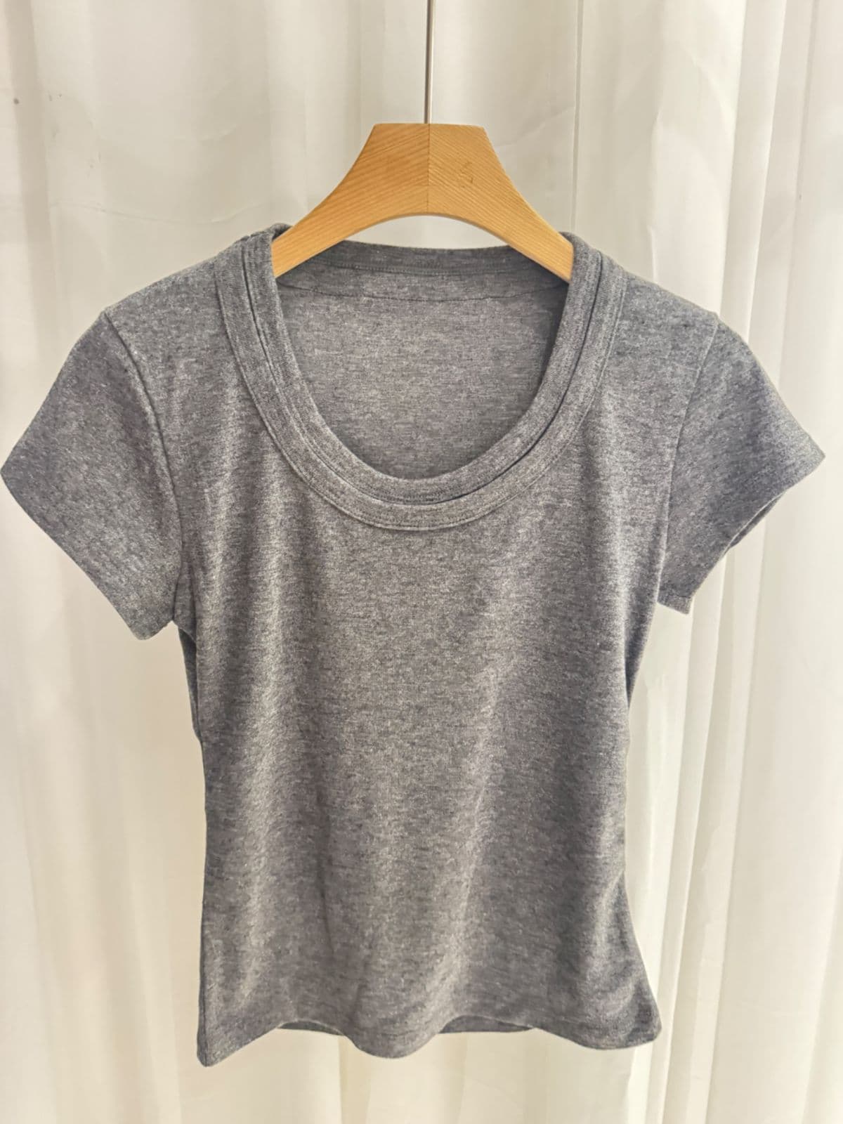 Double Neck T-shirt (Double Neck U-Neck Short Sleeve T-shirt Slim Fit Stretchy Ribbed Cropped Top) - 이미지 17