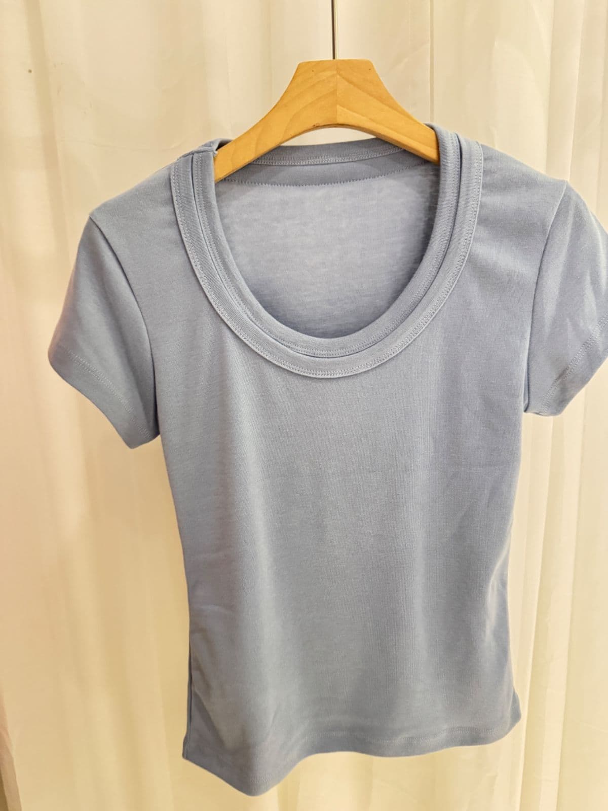 Double Neck T-shirt (Double Neck U-Neck Short Sleeve T-shirt Slim Fit Stretchy Ribbed Cropped Top) - 이미지 18
