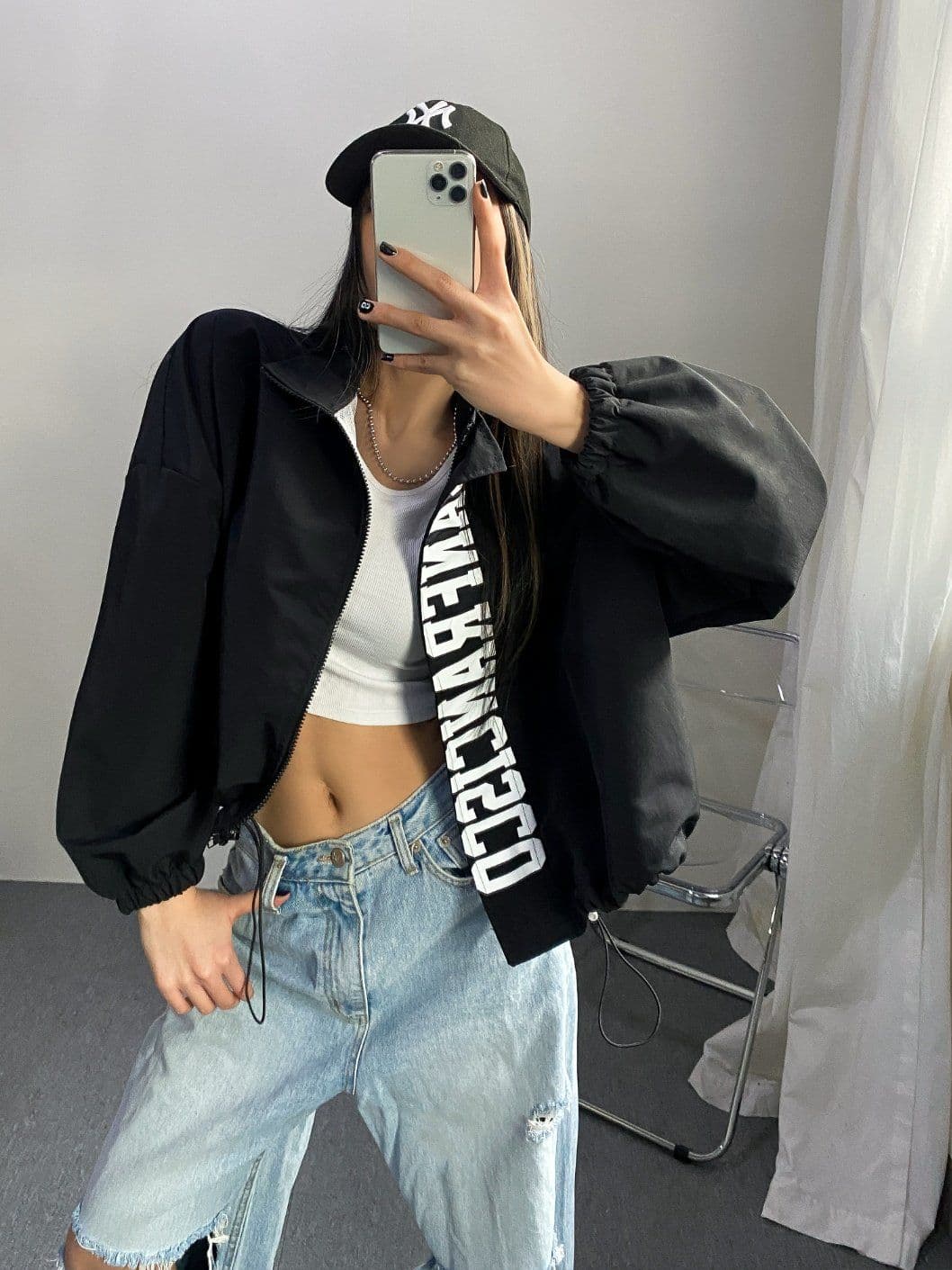 High-neck nylon windbreaker woven crisp zip-up cropped oversized drawstring jumper jacket golf camping rainy season look raincoat - 이미지 5