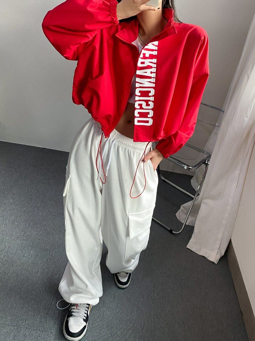 High-neck nylon windbreaker woven crisp zip-up cropped oversized drawstring jumper jacket golf camping rainy season look raincoat - 이미지 6