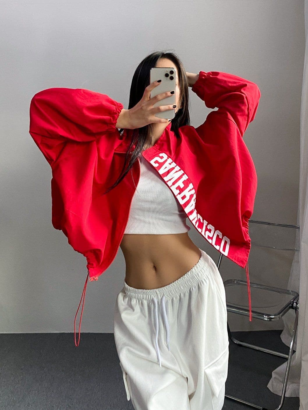 High-neck nylon windbreaker woven crisp zip-up cropped oversized drawstring jumper jacket golf camping rainy season look raincoat - 이미지 8