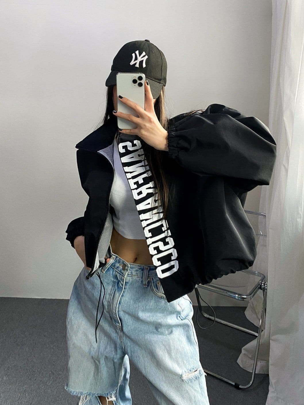 High-neck nylon windbreaker woven crisp zip-up cropped oversized drawstring jumper jacket golf camping rainy season look raincoat - 이미지 10