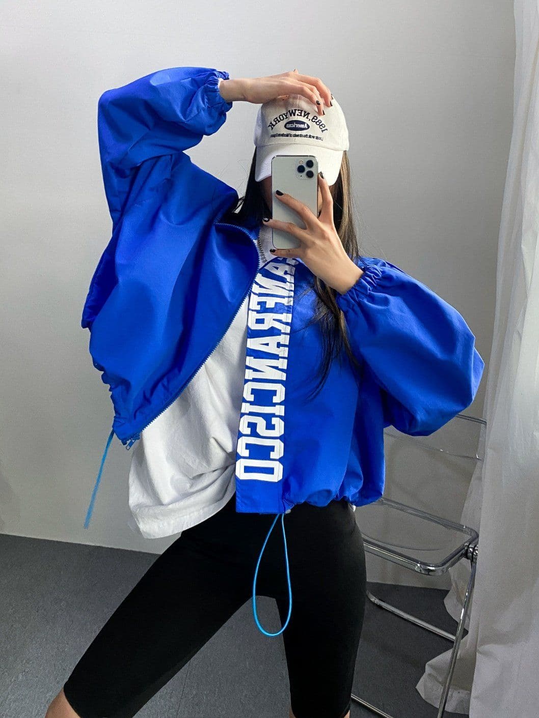 High-neck nylon windbreaker woven crisp zip-up cropped oversized drawstring jumper jacket golf camping rainy season look raincoat - 이미지 12