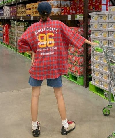 Digital Lettering Check Short Sleeve Shirt Unisex Oversized Boxy Fit Loose Fit Back Print Pocket Shirt
