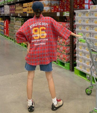 Digital Lettering Check Short Sleeve Shirt Unisex Oversized Boxy Fit Loose Fit Back Print Pocket Shirt - 이미지 1