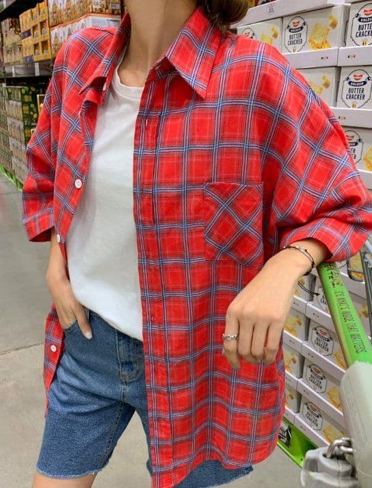 Digital Lettering Check Short Sleeve Shirt Unisex Oversized Boxy Fit Loose Fit Back Print Pocket Shirt - 이미지 4