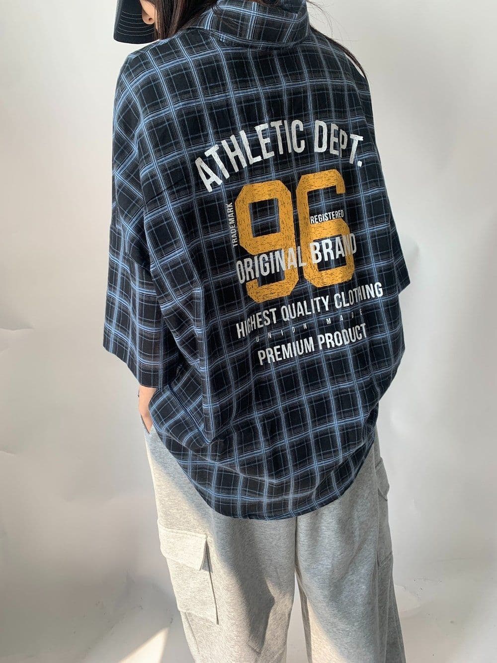 Digital Lettering Check Short Sleeve Shirt Unisex Oversized Boxy Fit Loose Fit Back Print Pocket Shirt - 이미지 6