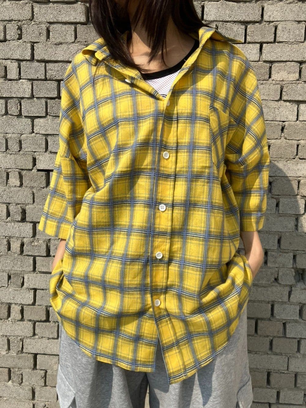 Digital Lettering Check Short Sleeve Shirt Unisex Oversized Boxy Fit Loose Fit Back Print Pocket Shirt - 이미지 8