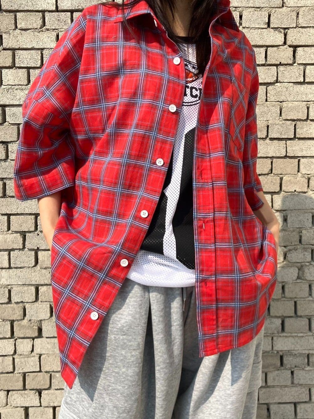 Digital Lettering Check Short Sleeve Shirt Unisex Oversized Boxy Fit Loose Fit Back Print Pocket Shirt - 이미지 9