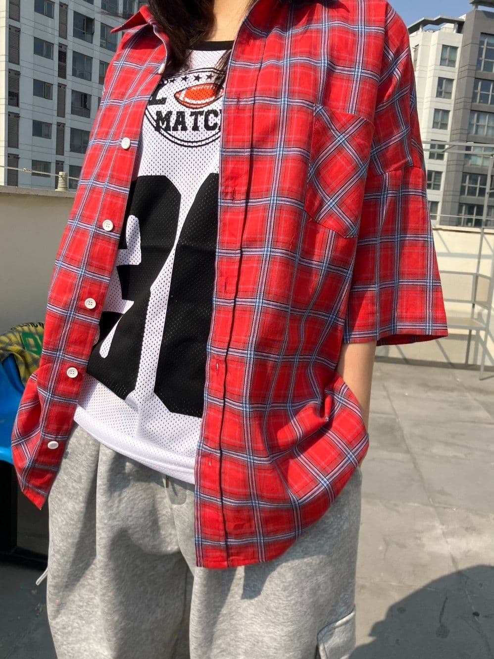Digital Lettering Check Short Sleeve Shirt Unisex Oversized Boxy Fit Loose Fit Back Print Pocket Shirt - 이미지 11