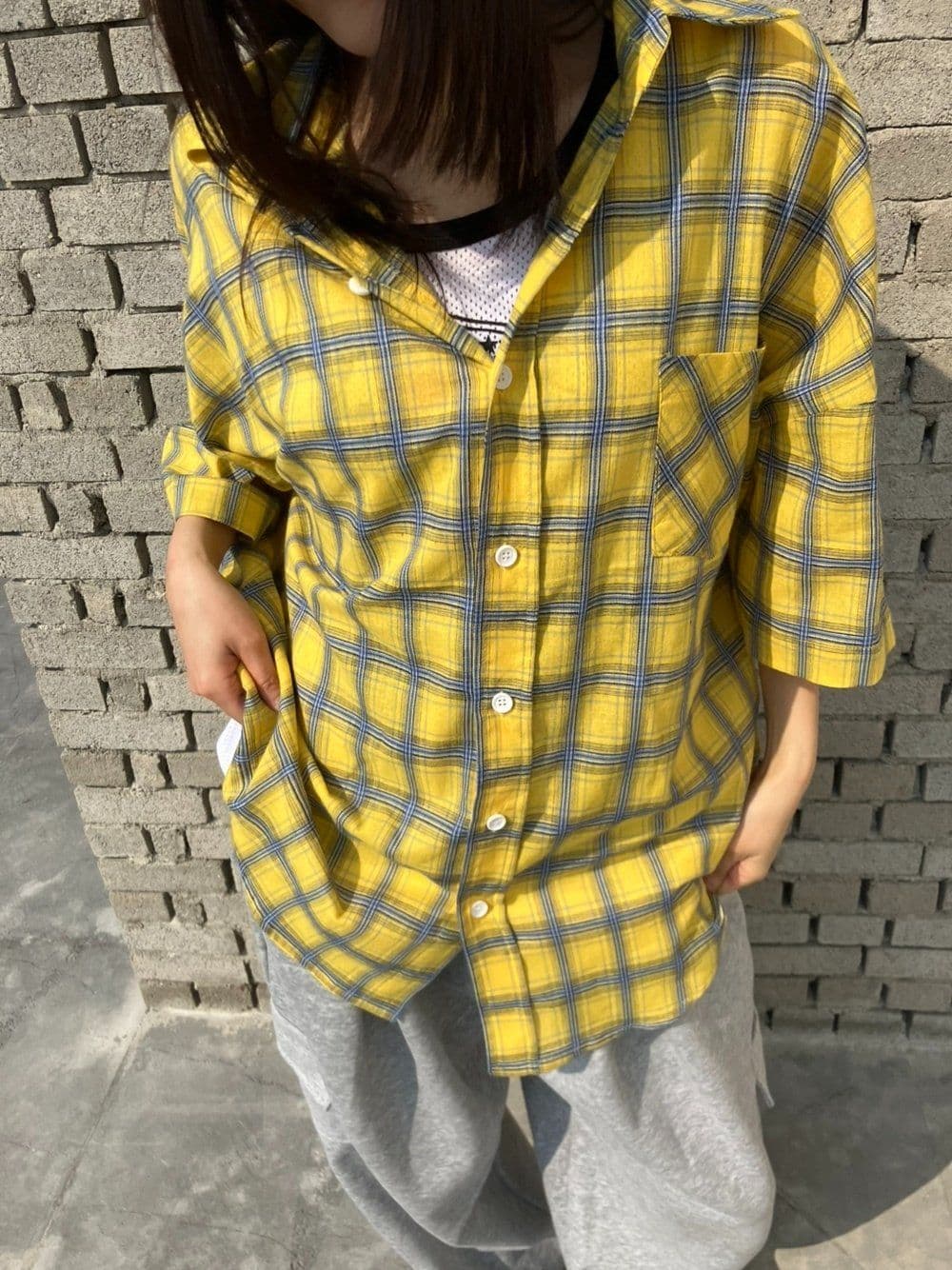Digital Lettering Check Short Sleeve Shirt Unisex Oversized Boxy Fit Loose Fit Back Print Pocket Shirt - 이미지 13