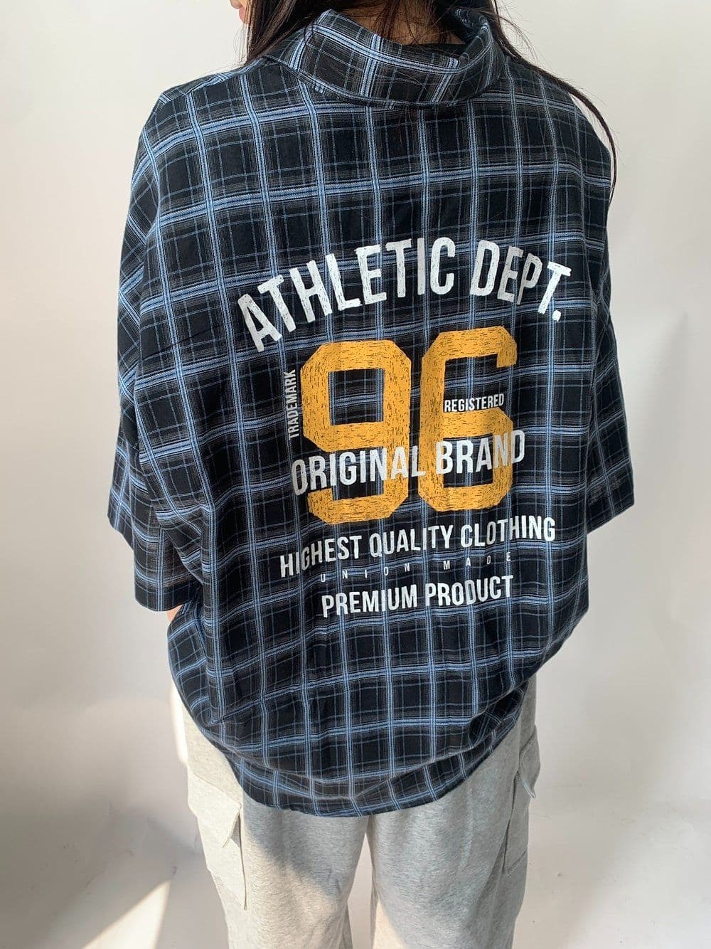 Digital Lettering Check Short Sleeve Shirt Unisex Oversized Boxy Fit Loose Fit Back Print Pocket Shirt - 이미지 14