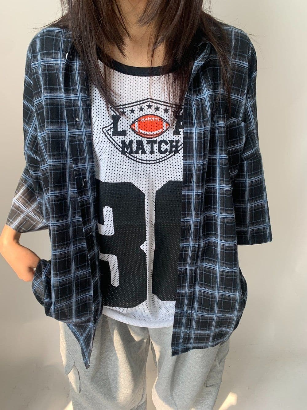 Digital Lettering Check Short Sleeve Shirt Unisex Oversized Boxy Fit Loose Fit Back Print Pocket Shirt - 이미지 15