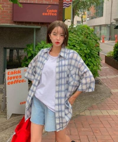 Rolling Check Shirt Short Sleeve Check Shirt Back Print Lettering Oversized Unisex Summer Layering Loose Fit