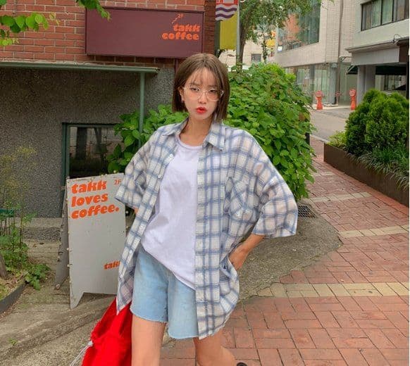 Rolling Check Shirt Short Sleeve Check Shirt Back Print Lettering Oversized Unisex Summer Layering Loose Fit - 이미지 1