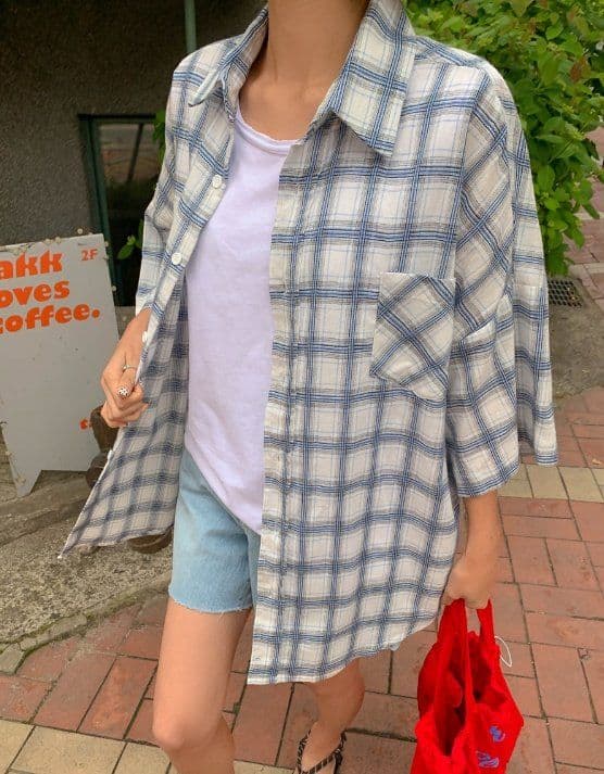 Rolling Check Shirt Short Sleeve Check Shirt Back Print Lettering Oversized Unisex Summer Layering Loose Fit - 이미지 2