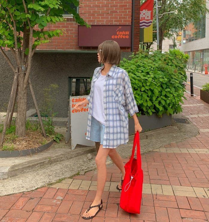 Rolling Check Shirt Short Sleeve Check Shirt Back Print Lettering Oversized Unisex Summer Layering Loose Fit - 이미지 3
