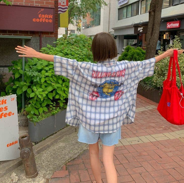 Rolling Check Shirt Short Sleeve Check Shirt Back Print Lettering Oversized Unisex Summer Layering Loose Fit - 이미지 5