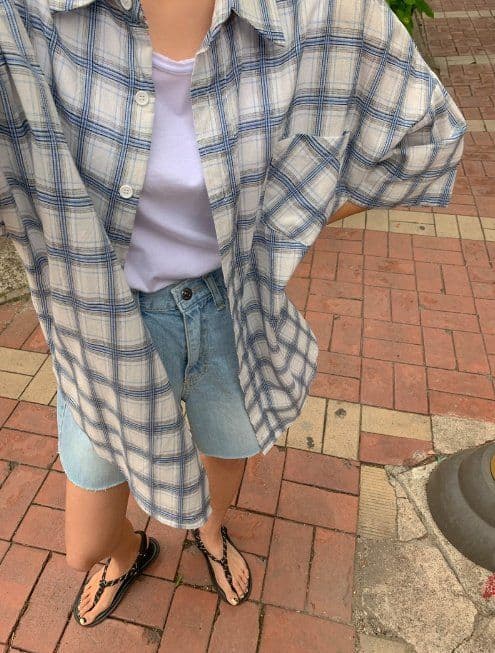 Rolling Check Shirt Short Sleeve Check Shirt Back Print Lettering Oversized Unisex Summer Layering Loose Fit - 이미지 7