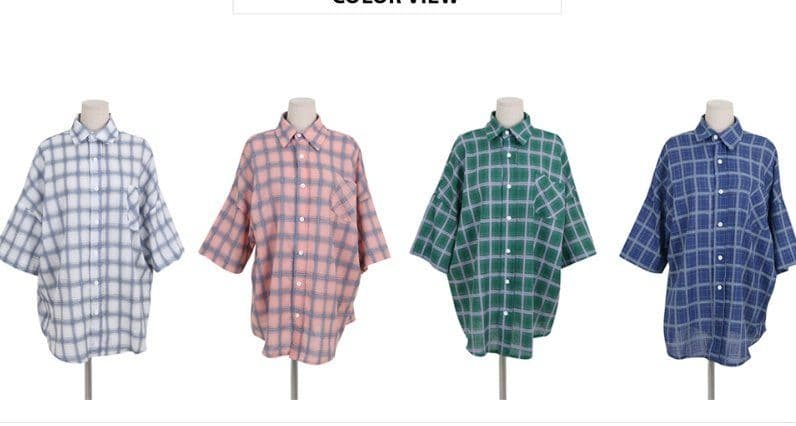 Rolling Check Shirt Short Sleeve Check Shirt Back Print Lettering Oversized Unisex Summer Layering Loose Fit - 이미지 8
