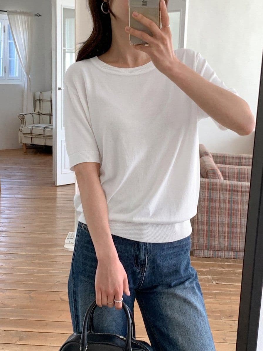 Viscose round-neck short-sleeve knit top - 이미지 5