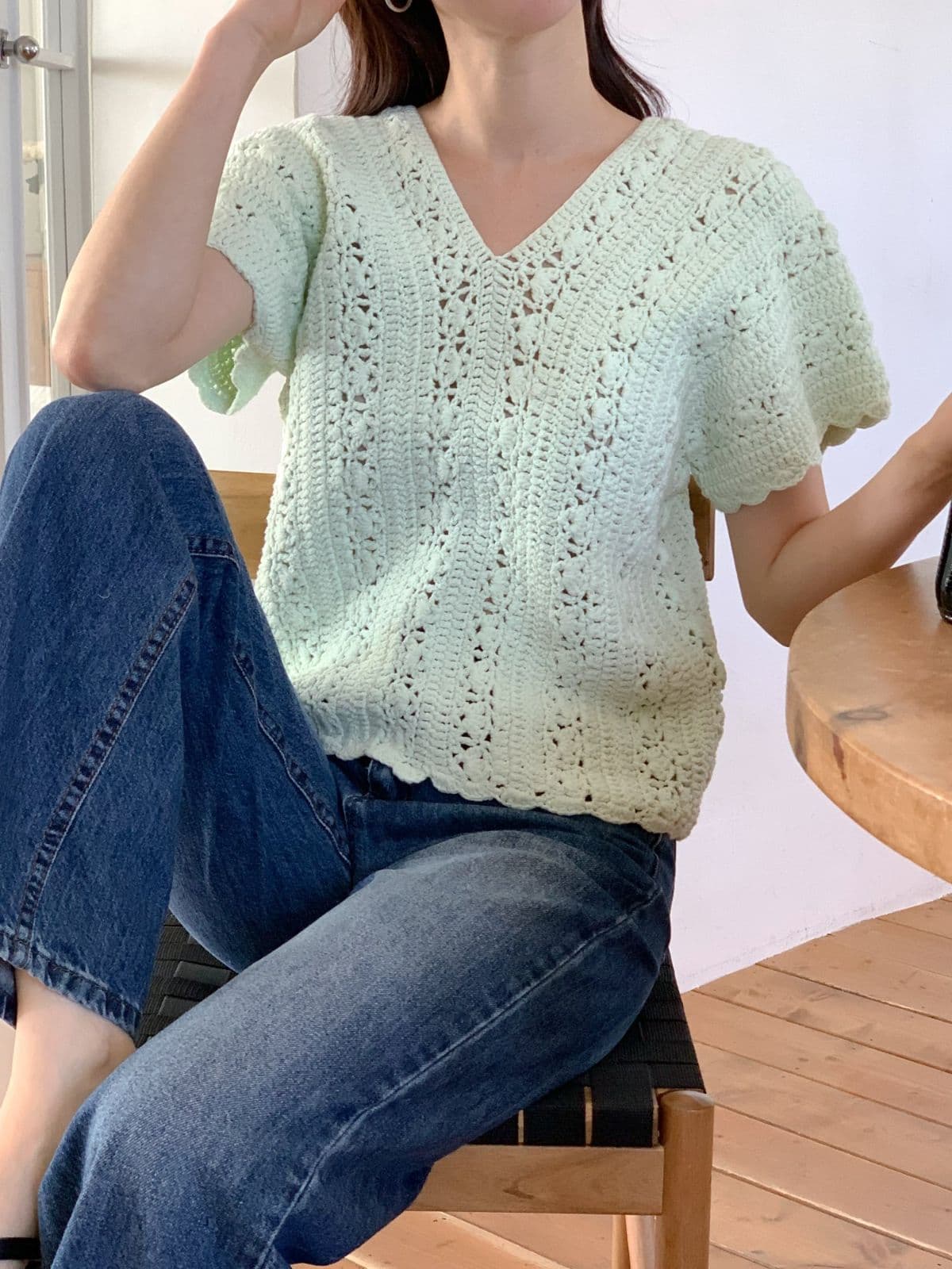 Sale 100% Cotton V-neck Punched Knit Short Sleeve Top - 이미지 3