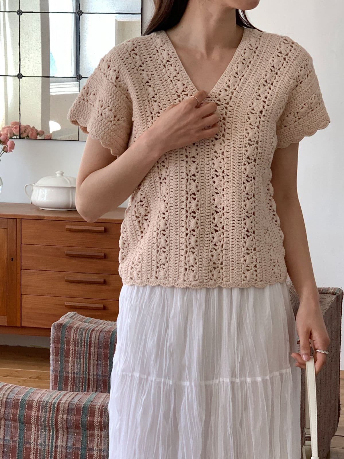 Sale 100% Cotton V-neck Punched Knit Short Sleeve Top - 이미지 4