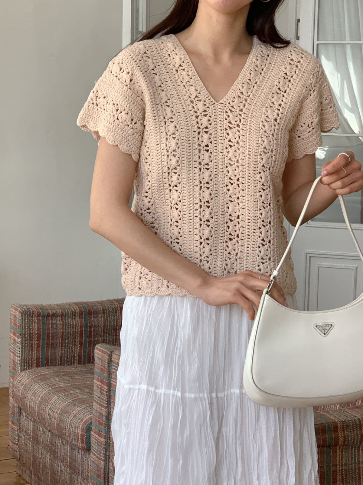 Sale 100% Cotton V-neck Punched Knit Short Sleeve Top - 이미지 7