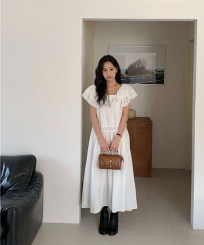100% Cotton Big Collar Lace Pintuck Long Dress