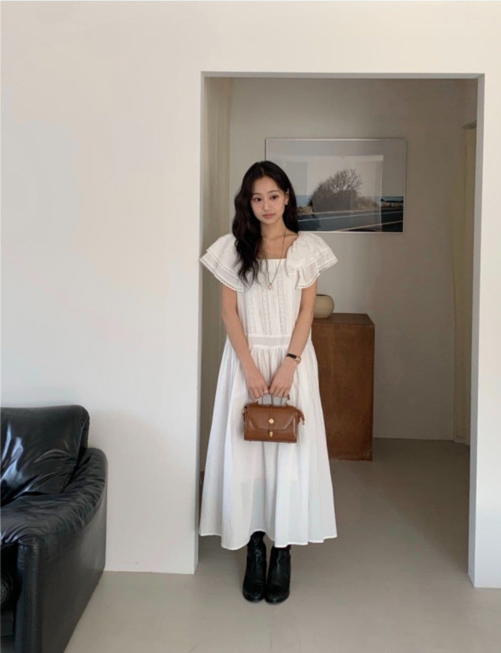 100% Cotton Big Collar Lace Pintuck Long Dress - 이미지 1