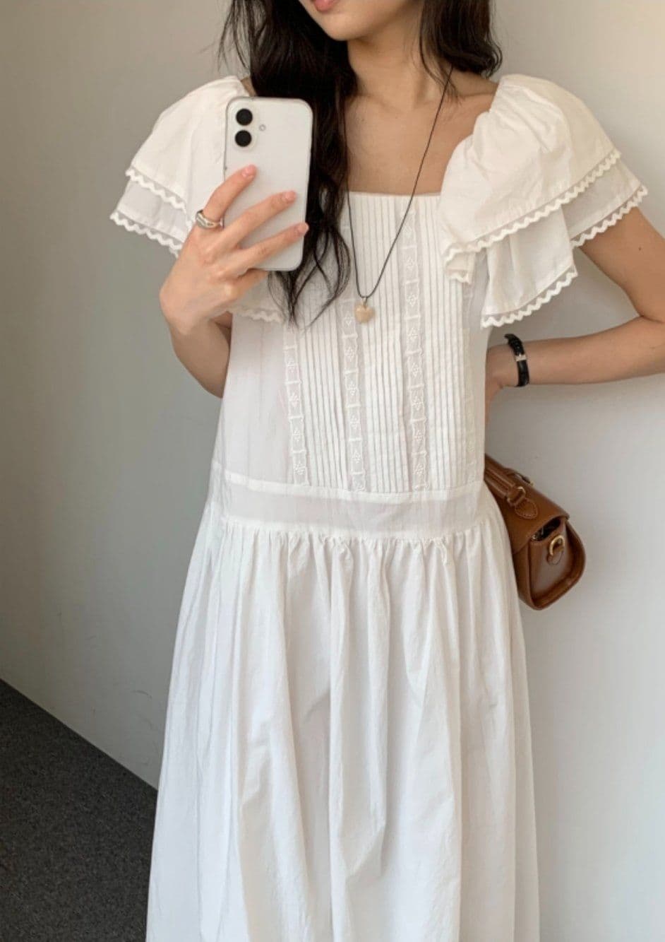 100% Cotton Big Collar Lace Pintuck Long Dress - 이미지 2