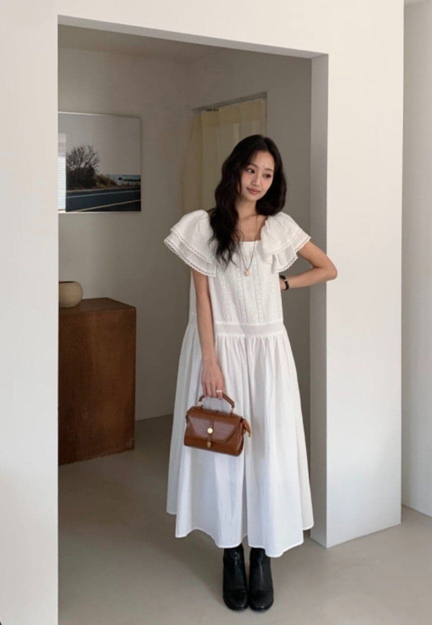 100% Cotton Big Collar Lace Pintuck Long Dress - 이미지 3