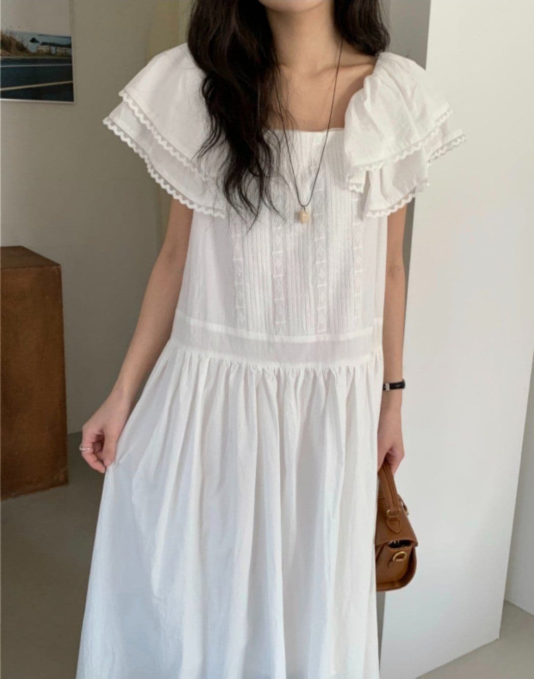 100% Cotton Big Collar Lace Pintuck Long Dress - 이미지 4