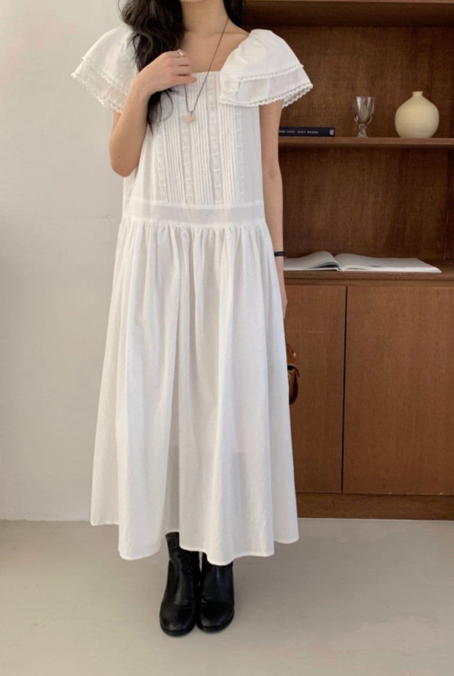 100% Cotton Big Collar Lace Pintuck Long Dress - 이미지 5