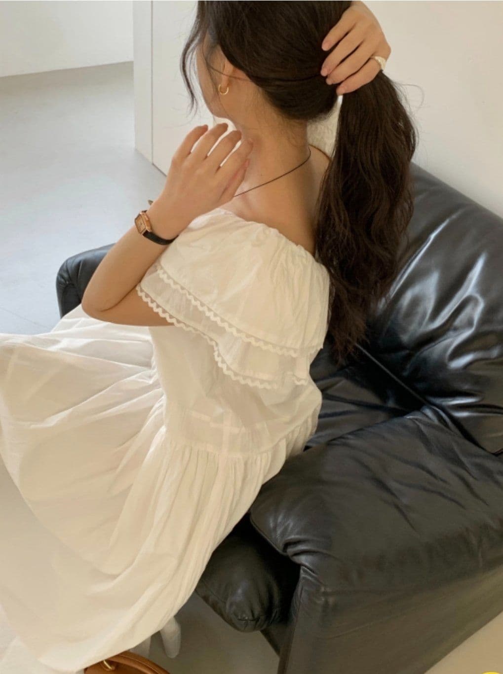 100% Cotton Big Collar Lace Pintuck Long Dress - 이미지 6