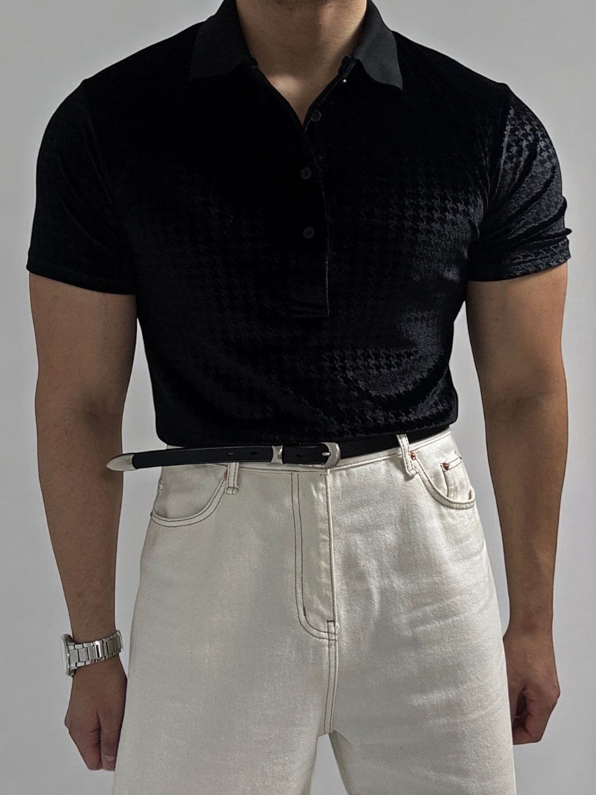 Houndstooth Velvet Muscle Fit Pique Short Sleeve T-shirt - 이미지 1