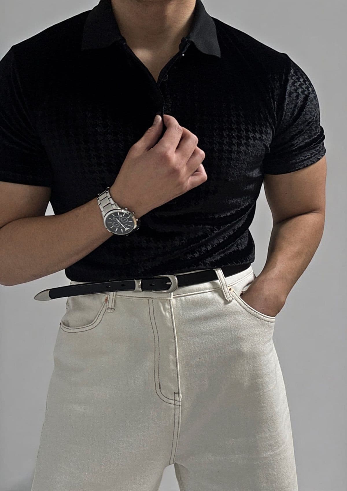 Houndstooth Velvet Muscle Fit Pique Short Sleeve T-shirt - 이미지 2