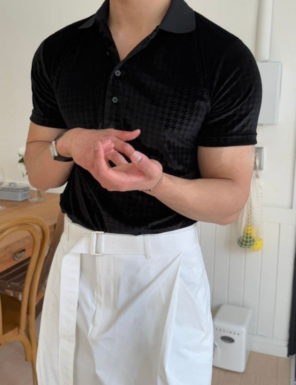 Houndstooth Velvet Muscle Fit Pique Short Sleeve T-shirt - 이미지 4