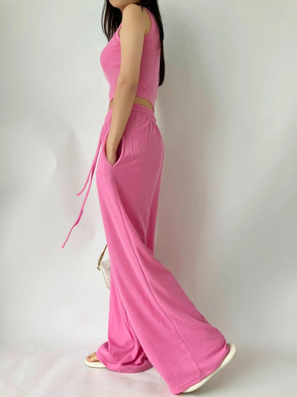 Bra and cup set, sleeveless top, Waterbomb, crop top, elastic waistband, wide-leg pants set, resort look, travel look - 이미지 3