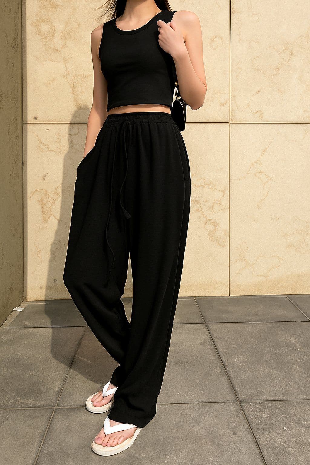 Bra and cup set, sleeveless top, Waterbomb, crop top, elastic waistband, wide-leg pants set, resort look, travel look - 이미지 8
