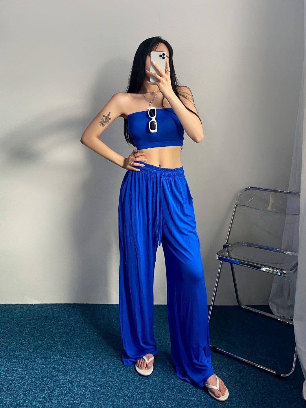 Rayon Tube Top Two-Piece Set Waterbomb Humbuk Show Elastic Waist Wide Pants Beach 158 - 이미지 1