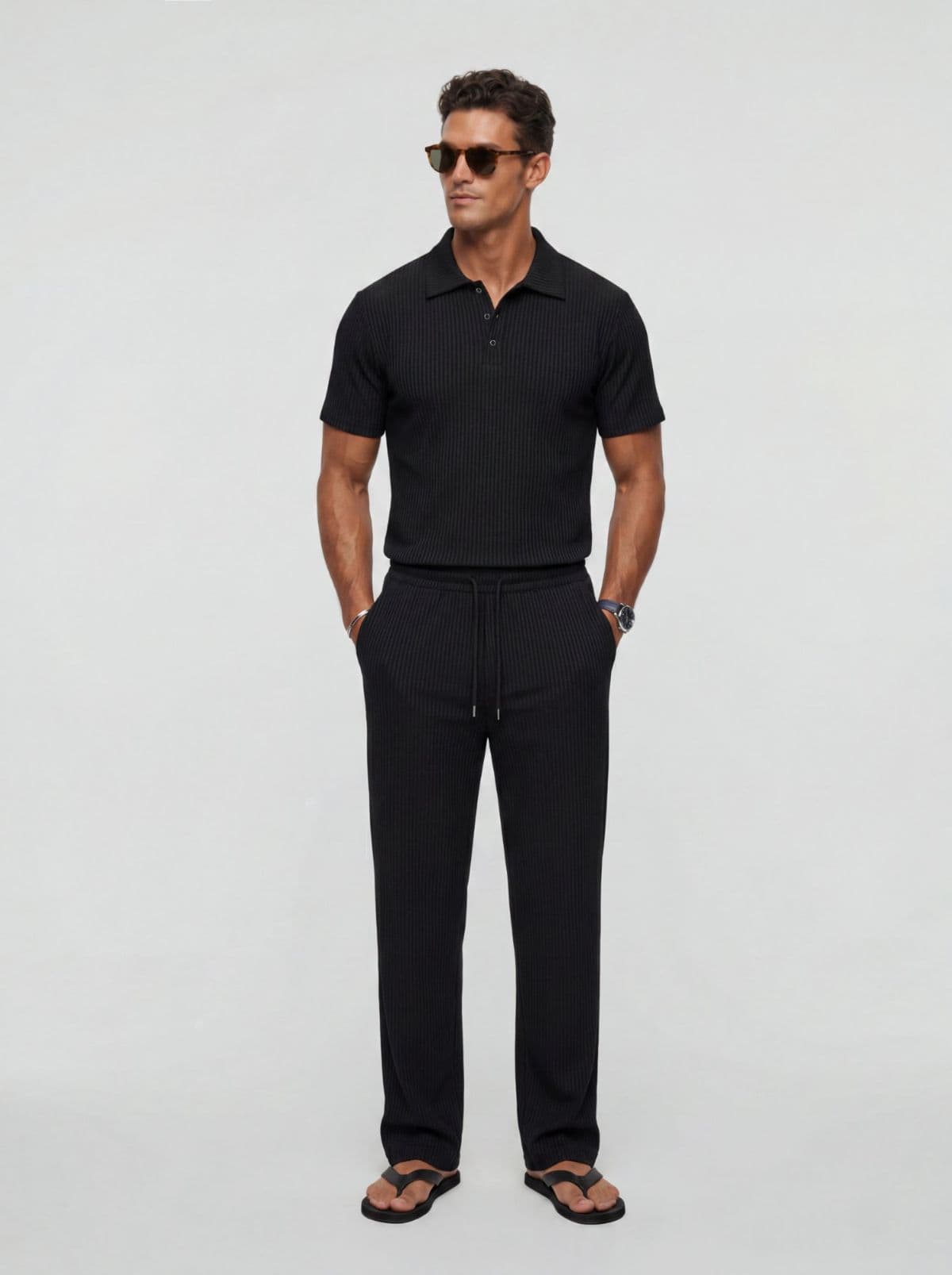 Pleated Muscle Fit Collared Short Sleeve T-shirt and Long Pants Set - 이미지 1