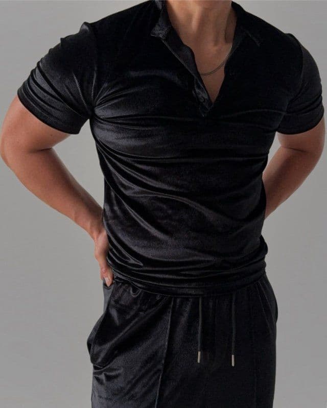 Ribbed Velvet Muscle Fit Henley Neck Short Sleeve T-shirt and Long Pants Set - 이미지 5