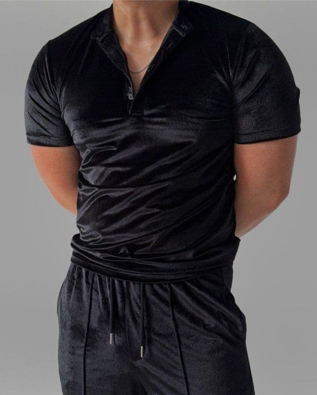 Ribbed Velvet Muscle Fit Henley Neck Short Sleeve T-shirt and Long Pants Set - 이미지 6