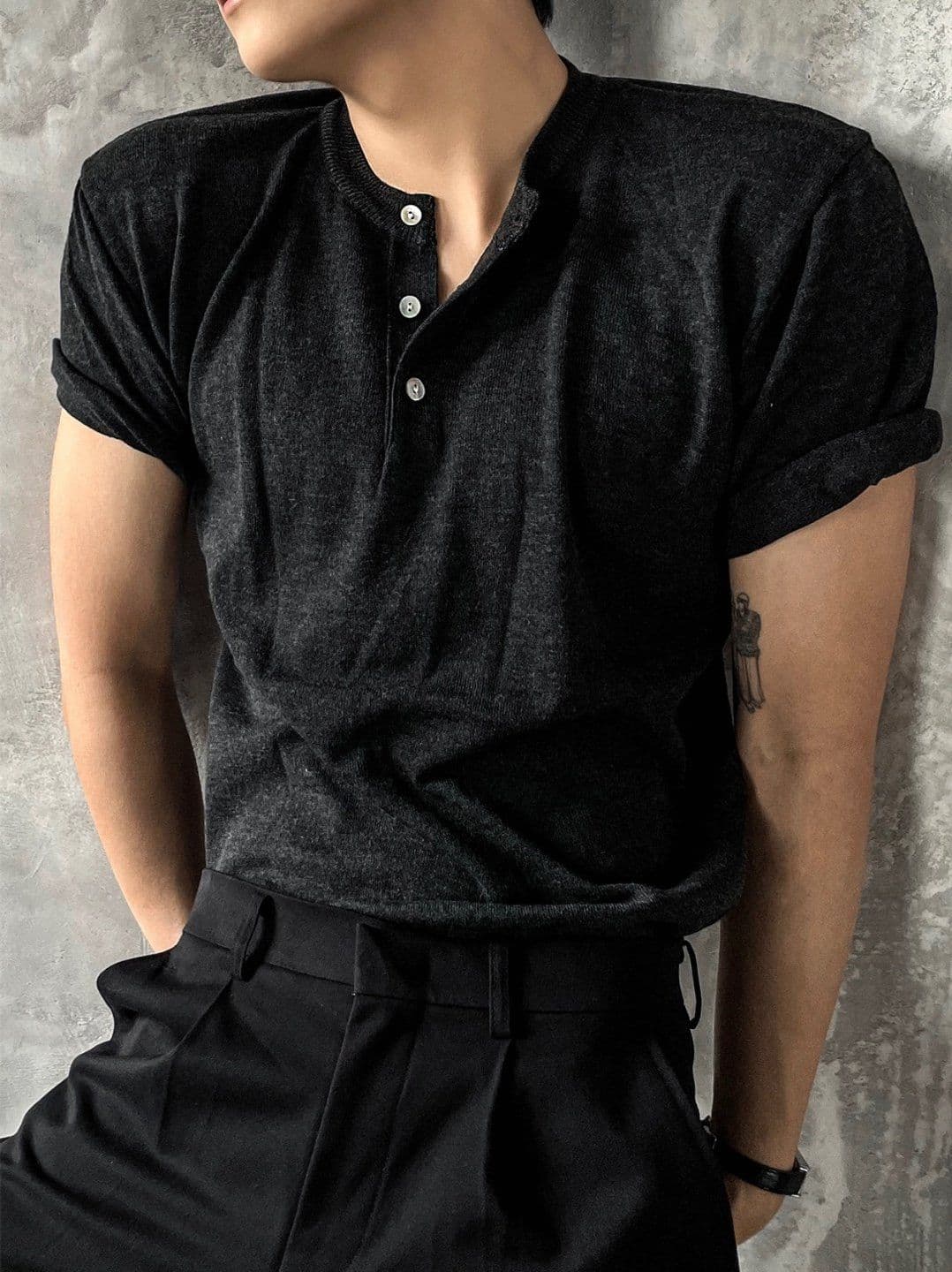 Wool blend Henley neck button short sleeve knit tee - 이미지 6