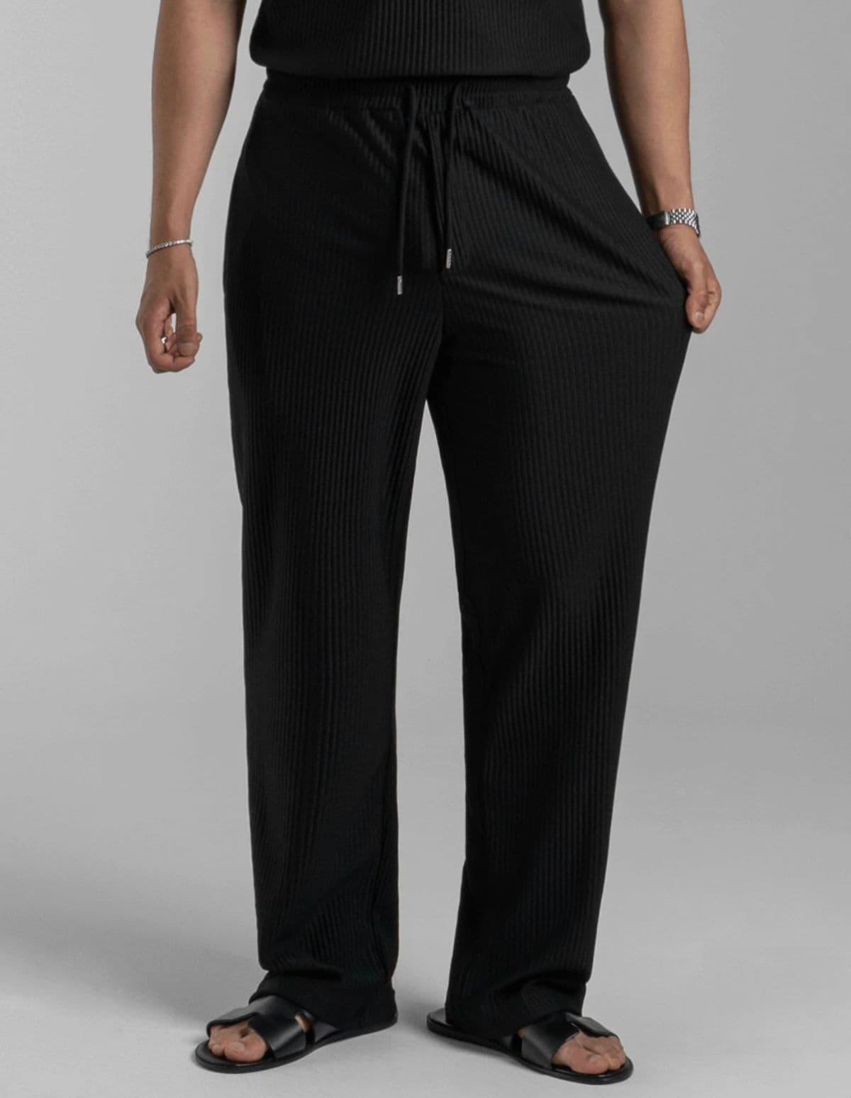 Black Pleated Ribbed Collar Short Sleeve & Drawstring Wide Pants Set - 이미지 6